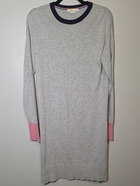 Boden Light Gray Knit Long-Sleeve Dress with Pink Cuffs and Navy Trim